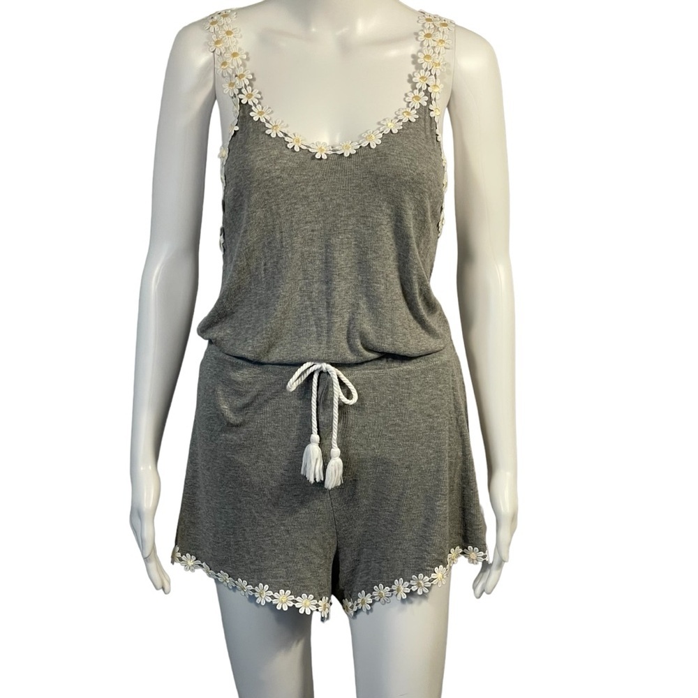 PJ Couture Gray Cotton Stretch Tank Shorts Pajamas Set Daisy Lace Accents Sz XL